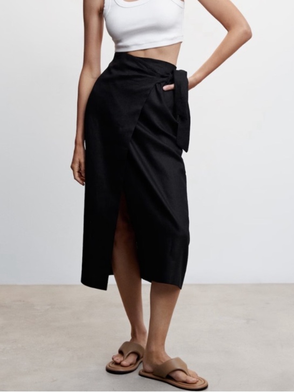 Mango Linen Black Wrap-Tie Midi Skirt Like-New Size - L